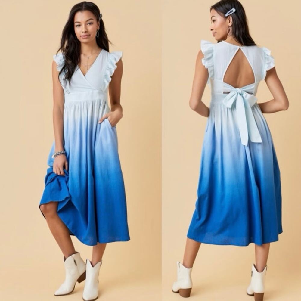 NWOT Francesca’s Collection Rayven Blue Ombre Midi Dress Sz X-Small Linen Blend
